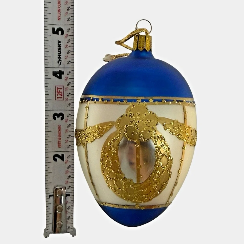 Whitehurst Germany Hand Painted Egg Blue White Gold Glass Ornament 4